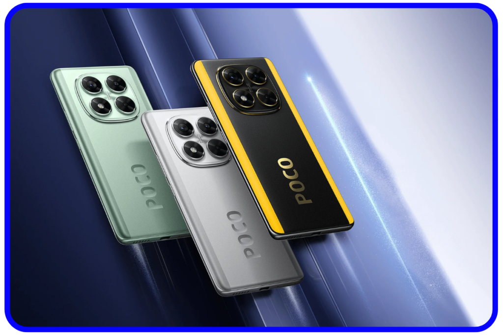 Melhores Celulares da Xiaomi! Confira as 10 opções para 2025 24 Três modelos POCO em verde, prata e preto com amarelo, exibindo diferentes conjuntos de câmera quadrupla, representando opções de melhor xiaomi custo benefício