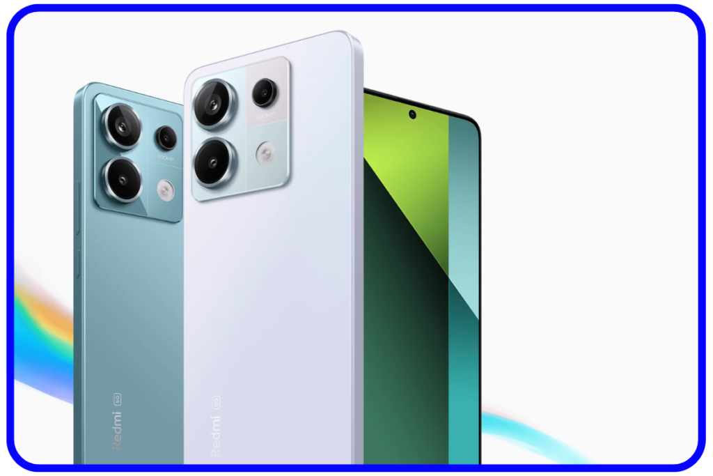 Smartphones Redmi Note 13 Pro 5G em cores verde água e branco, mostrando as câmeras traseiras e parte da tela, opções de melhor xiaomi custo benefício