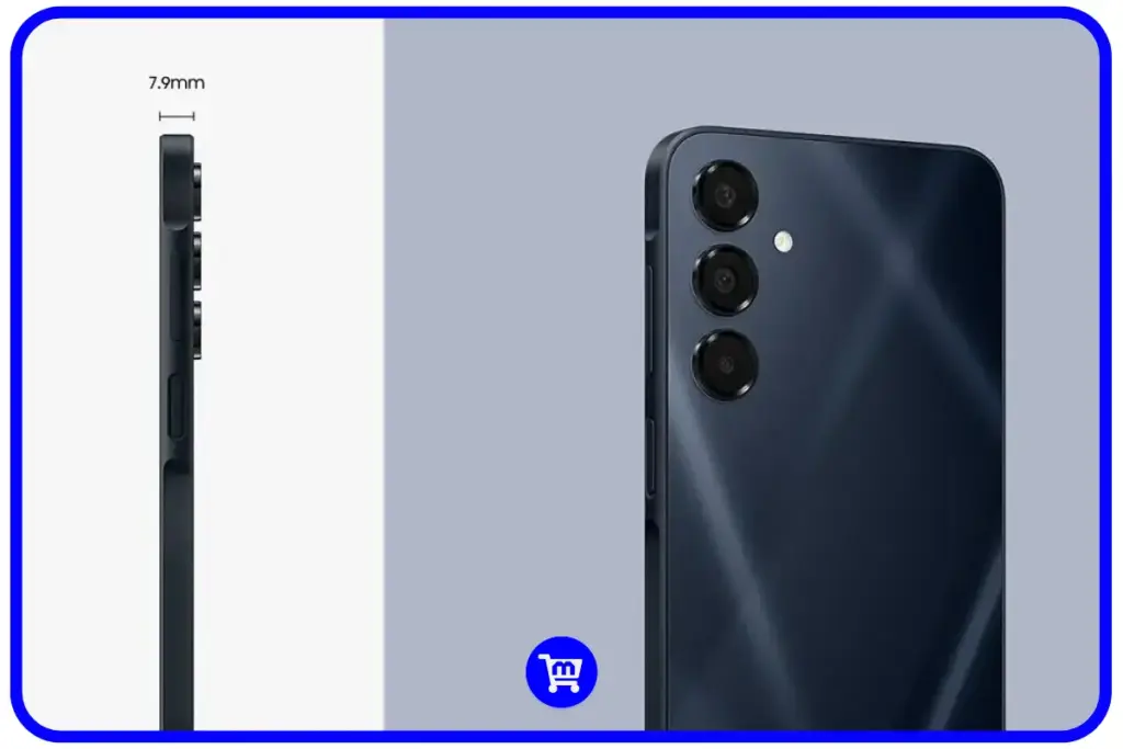 Os 6 Melhores Celulares Até R$1.500 em 2025: Guia Completo 14 Samsung Galaxy A16 em vista lateral e traseira, mostrando perfil ultrafino de 7,9mm e conjunto triplo de câmeras em acabamento azul-escuro brilhante.