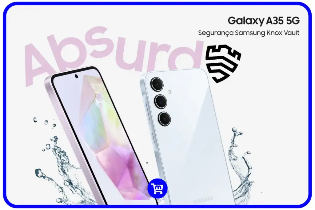 Os 6 Melhores Celulares Até R$1.500 em 2025: Guia Completo 8 Galaxy A35 na cor branca/prata com respingos de água ao redor, demonstrando sua certificação IP67, com destaque para o sistema de segurança Samsung Knox Vault.