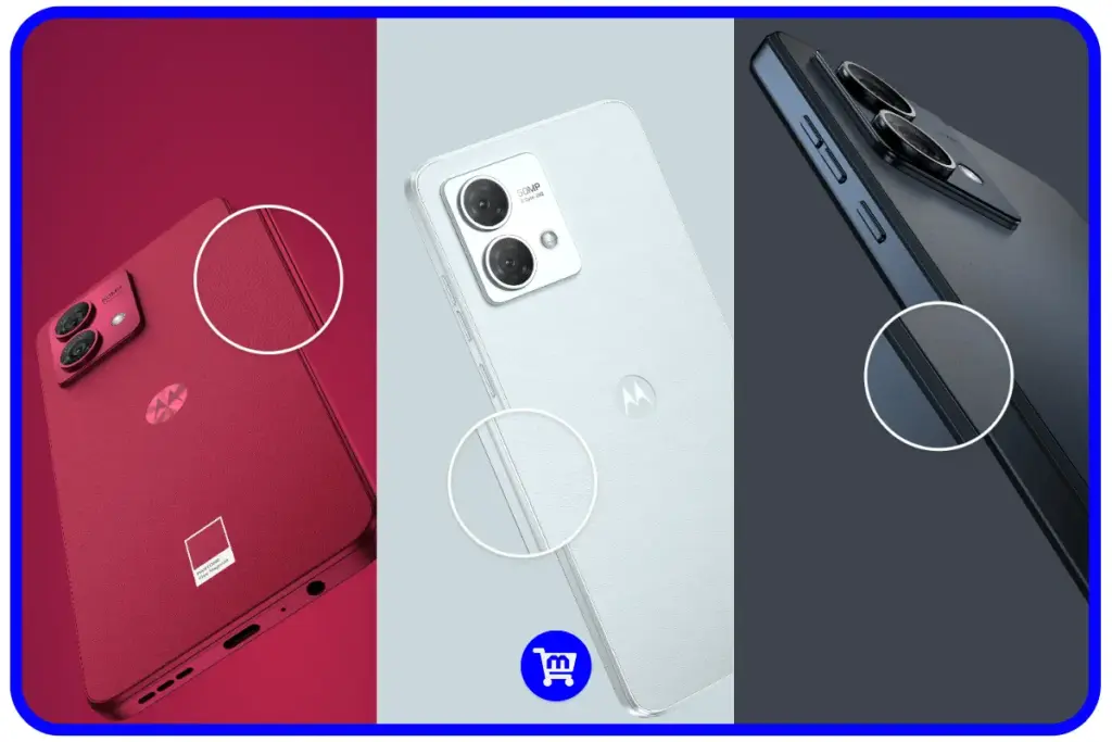 Os 6 Melhores Celulares Até R$1.500 em 2025: Guia Completo 18 Moto G84 em três cores diferentes: vermelho Viva Magenta, branco e azul-escuro, mostrando acabamento em couro vegano e módulo de câmera dupla.