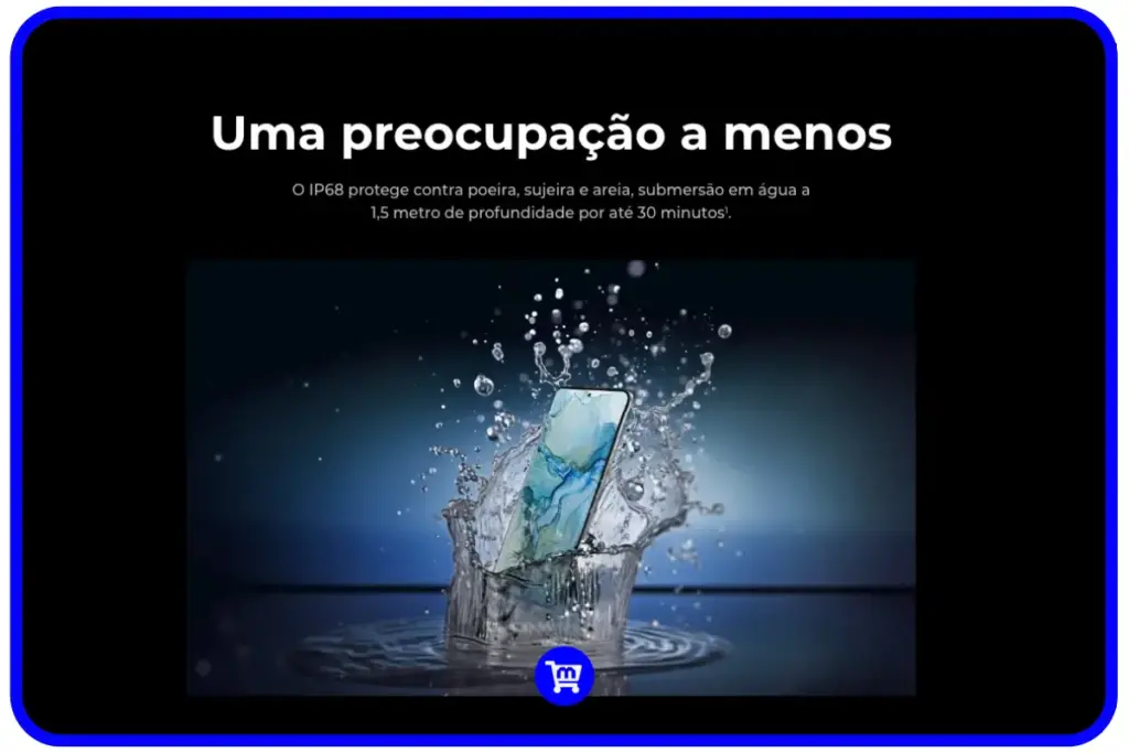 Motorola Edge 50 Pro submerso em água demonstrando resistência IP68 com proteção contra água, poeira e submersão