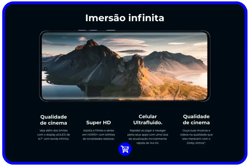 Tela P-OLED curva do Motorola Edge 50 Pro de 6,7 polegadas mostrando paisagem montanhosa com qualidade de cinema e tecnologia Super HD