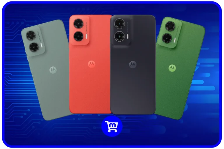 O Moto G35 é bom e se destaca com design premium em quatro cores diferentes: verde, coral, grafite e cinza, todos com acabamento em couro vegano e câmera dupla