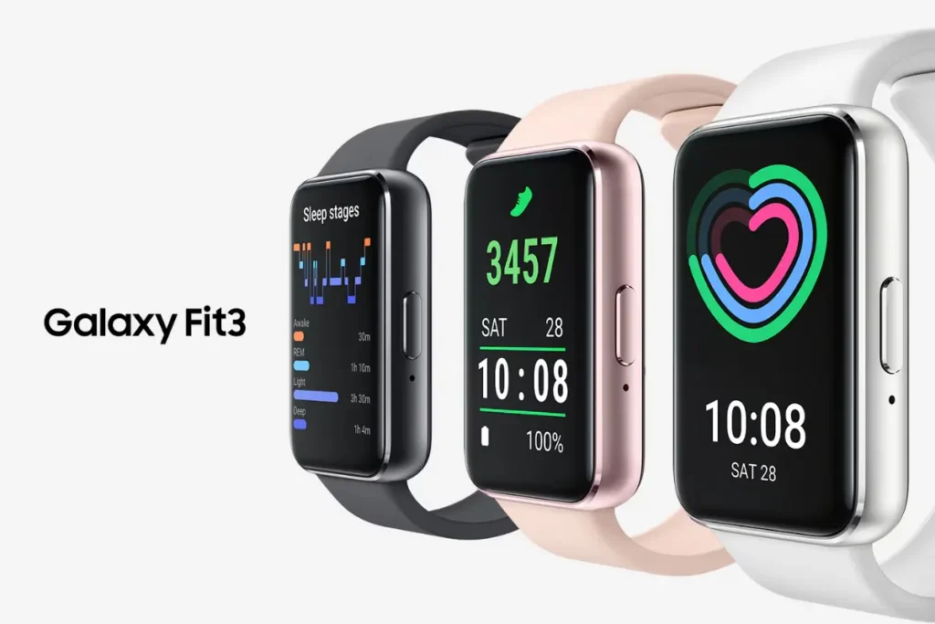Top 10 Melhores Smartwatchs de 2025 24 Samsung Galaxy Fit3 exibindo monitoramento de sono e atividades em três cores