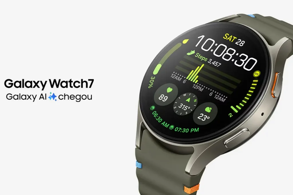 Samsung Galaxy Watch 7 é Bom? Smartwatch com Melhor Custo-Benefício 4 Galaxy Watch 7 exibindo interface com Galaxy AI e mostrando monitoramento de passos e informações na tela