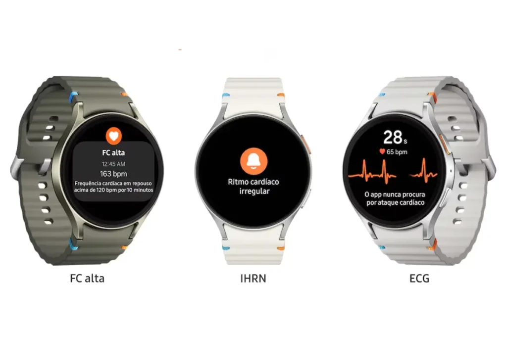 Samsung Galaxy Watch 7 é Bom? Smartwatch com Melhor Custo-Benefício 6 Funcionalidades de saúde do Galaxy Watch 7 mostrando monitoramento cardíaco FC alta, IHRN e ECG