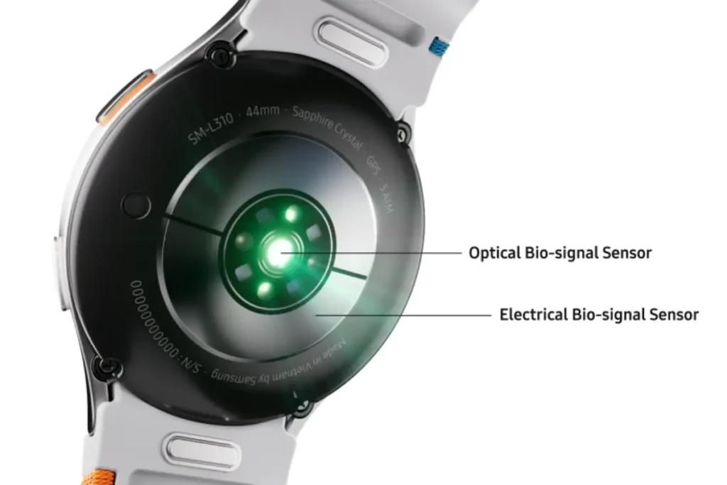 Samsung Galaxy Watch 7 é Bom? Smartwatch com Melhor Custo-Benefício 5 Sensores biométricos do Galaxy Watch 7 mostrando Optical e Electrical Bio-signal Sensor