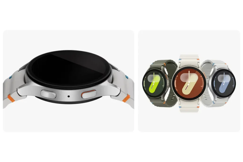 Samsung Galaxy Watch 7 é Bom? Smartwatch com Melhor Custo-Benefício 3 Galaxy Watch 7 em prata com detalhes laterais e três variantes de cores do smartwatch Samsung