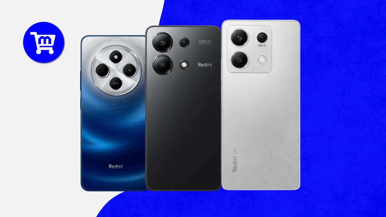Melhores Xiaomis com 128 GB de 2025: linha Redmi Note 13 apresentando três smartphones em cores azul, preto e branco com designs modernos e diferentes configurações de câmera