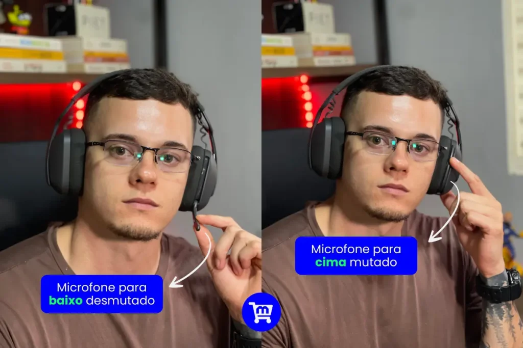 Logitech Zone Vibe 100 é bom? Análise Completa em 2025 5 Demonstração do sistema flip-to-mute do Logitech Zone Vibe 100, mostrando o microfone abaixado (ativado) e levantado (mutado) em uso com óculos.