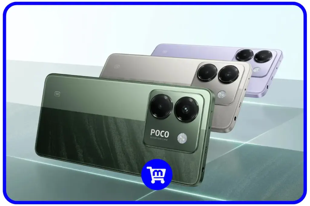 Melhores Celulares da Xiaomi! Confira as 10 opções para 2025 31 Poco M7 Pro 5G nas cores verde, prata e lilás exibindo seu design com câmera dupla