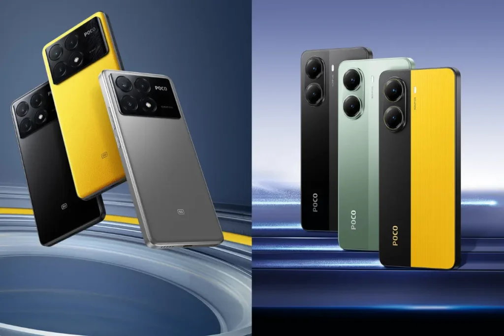 Poco X6 Pro e Poco X7 Pro: O que mudou? Comparativo de 2025 3 Comparativo entre Poco X6 Pro e Poco X7 Pro mostrando as diferentes cores e design traseiro dos smartphones, com destaque para o conjunto de câmeras e acabamento em amarelo, preto e verde.