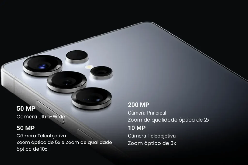 Samsung Galaxy S25 Ultra é bom? Análise Completa em 2025 5 Conjunto de câmeras do Galaxy S25 Ultra com destaque para as especificações