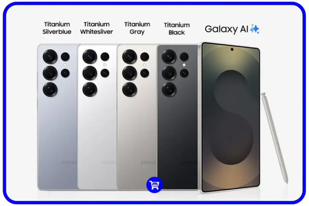 Galaxy S25 Ultra em quatro cores de titânio: Silverblue, Whitesilver, Gray e Black, com S Pen e logo Galaxy AI, mostrando opções de acabamento premium