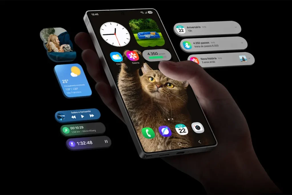 Samsung Galaxy S25 Ultra é bom? Análise Completa em 2025 6 Samsung Galaxy S25 Ultra exibindo a tela inicial com interface One UI 7 e widgets personalizados