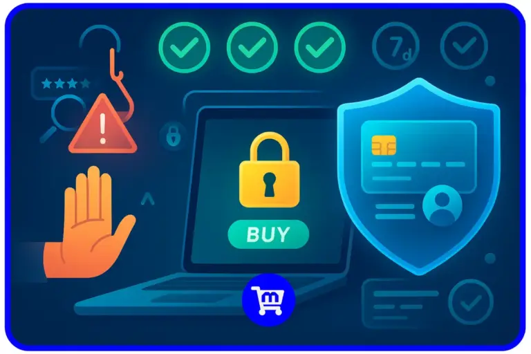 Ilustração conceitual de segurança em compras online mostrando laptop com cadeado, escudo de proteção, verificações de segurança, símbolos de alerta contra fraudes e cartão protegido.