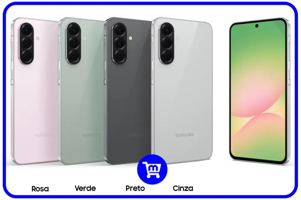 Os 10 Melhores Celulares Custo Benefício em 2025 20 Samsung Galaxy A56 5G em quatro cores: rosa, verde claro, preto e cinza, com a frente do aparelho exibindo a tela com gradiente de cores verde-rosa.