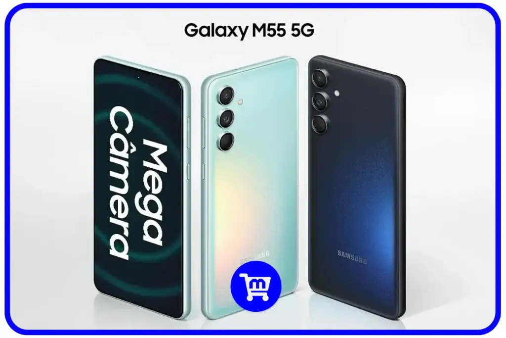 Os 10 Melhores Celulares Custo Benefício em 2025 30 Samsung Galaxy M55 5G em três versões de cores: verde água, preto e uma versão com tela ligada mostrando o nome "Mega Câmera".
