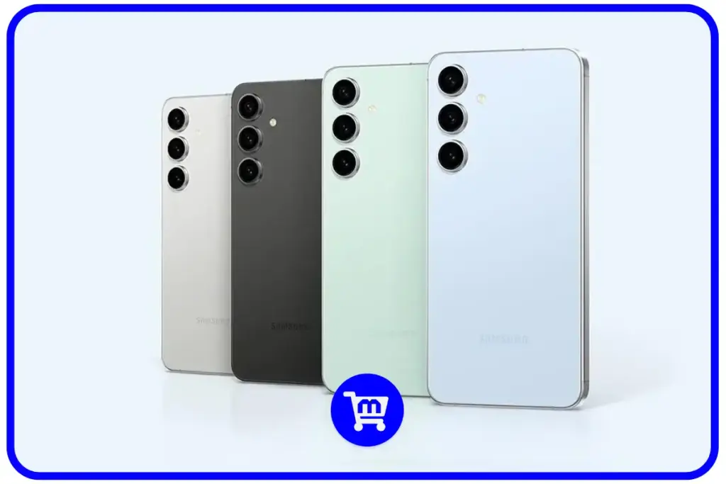 Os 10 Melhores Celulares Custo Benefício em 2025 16 Samsung Galaxy S24 FE em quatro cores: branco, preto, verde claro e azul claro, exibindo a traseira com o conjunto triplo de câmeras.
