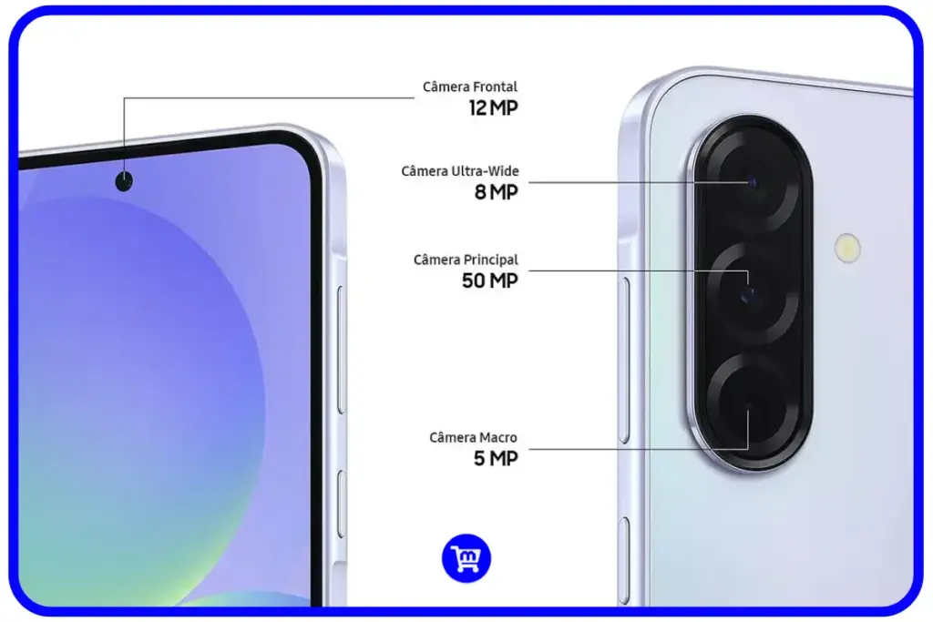 Samsung Galaxy A36 conjunto de câmeras traseiras com sensor principal 50MP e OIS