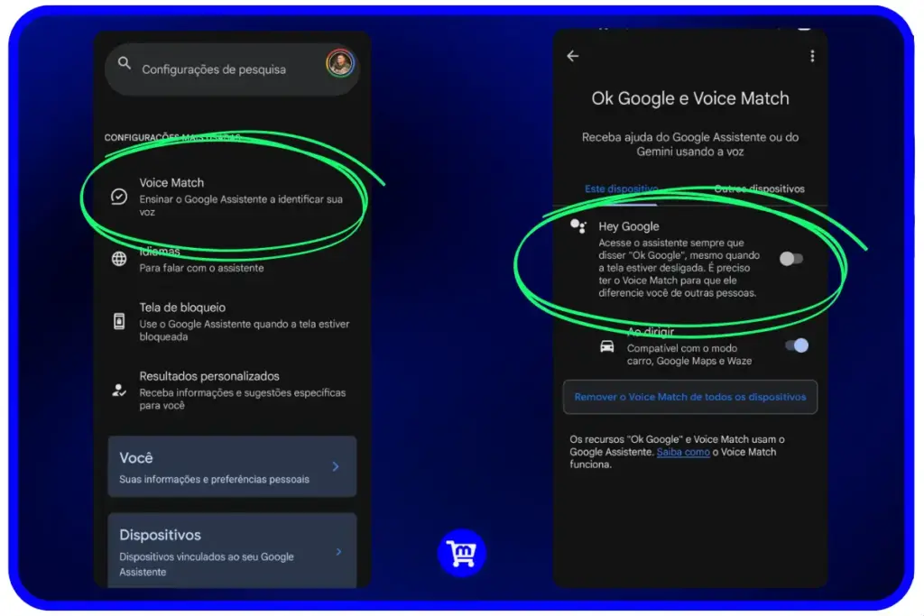 Configuração Voice Match para ativar Hey Google - tela de configurações Ok Google Voice Match