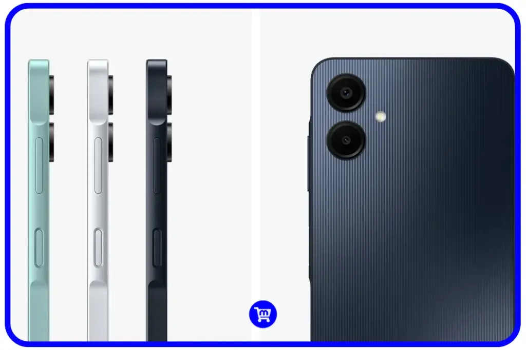 Samsung Galaxy A06 em três cores (verde-claro, branco e azul-escuro) mostrando perfil lateral ultrafino e módulo de câmera dupla de 50MP, destacando design premium 