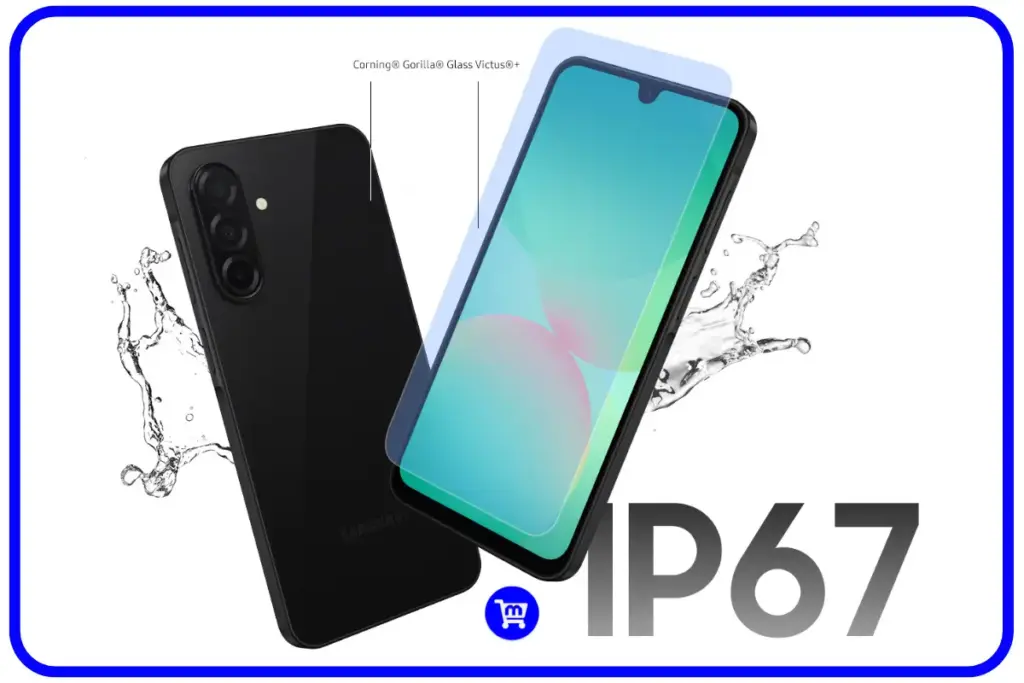 Samsung Galaxy A26 em cor preta com certificação IP67, exibindo tela Super AMOLED e módulo triplo de câmeras, destacando resistência à água.