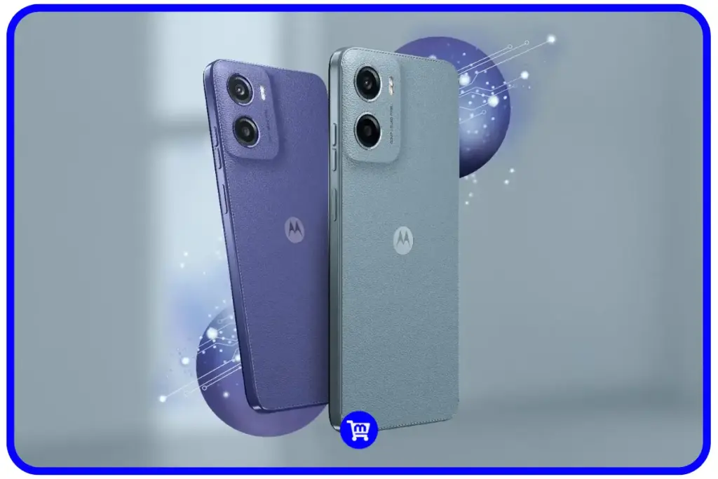 Motorola Moto G05 nas cores violeta e cinza com acabamento Vegan Leather premium, exibindo câmera de 50MP e tela de 90Hz com brilho excepcional de 1.300 nits