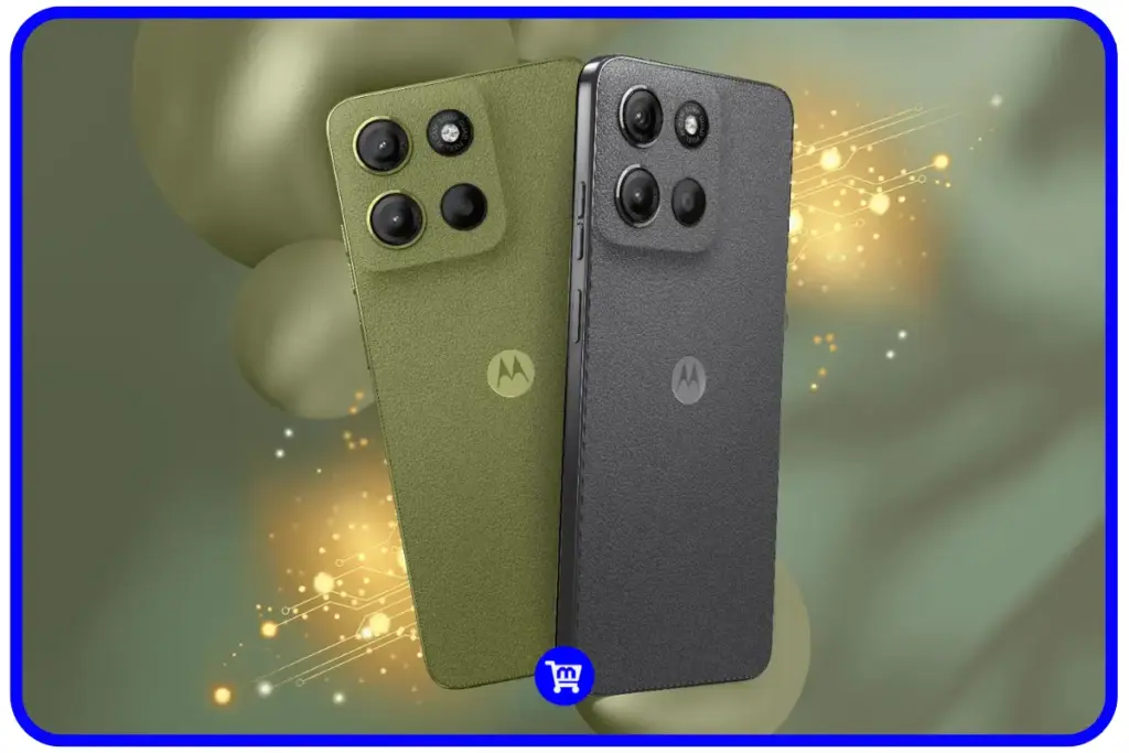 Motorola Moto G15 nas cores verde e grafite com acabamento em couro ecológico, destacando câmera dupla 50MP + ultrawide 5MP e bateria de 5.200mAh para autonomia excepcional