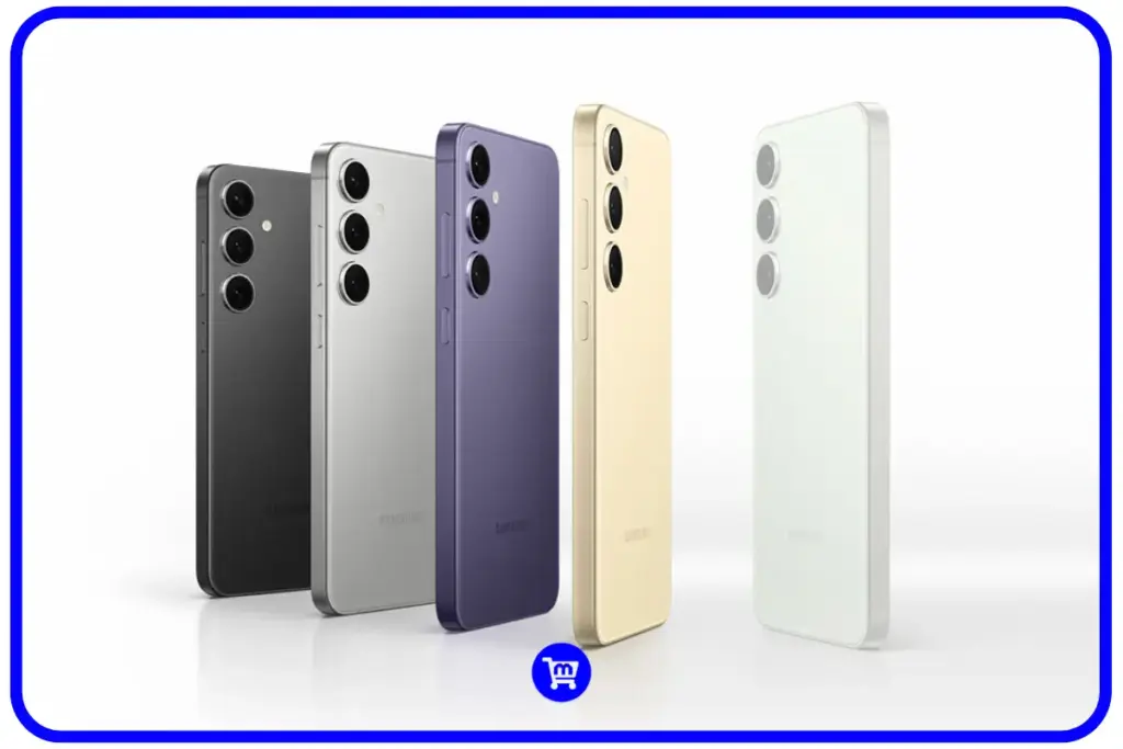Samsung Galaxy S24 Plus em cinco cores diferentes - preto, cinza, violeta, creme e branco - dispostos em fila mostrando o módulo de câmeras traseiras triplo e design premium