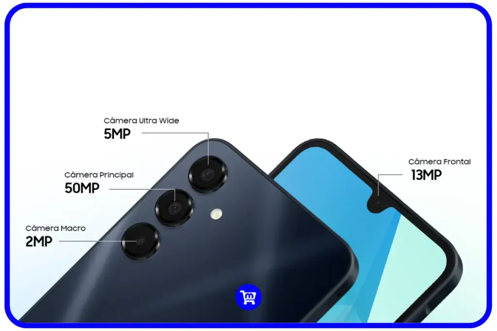 Galaxy A16 5G é Bom? Confira Preços e Ficha Tecnica Completa 5 Sistema triplo de câmeras do Galaxy A16 5G com sensor principal de 50MP