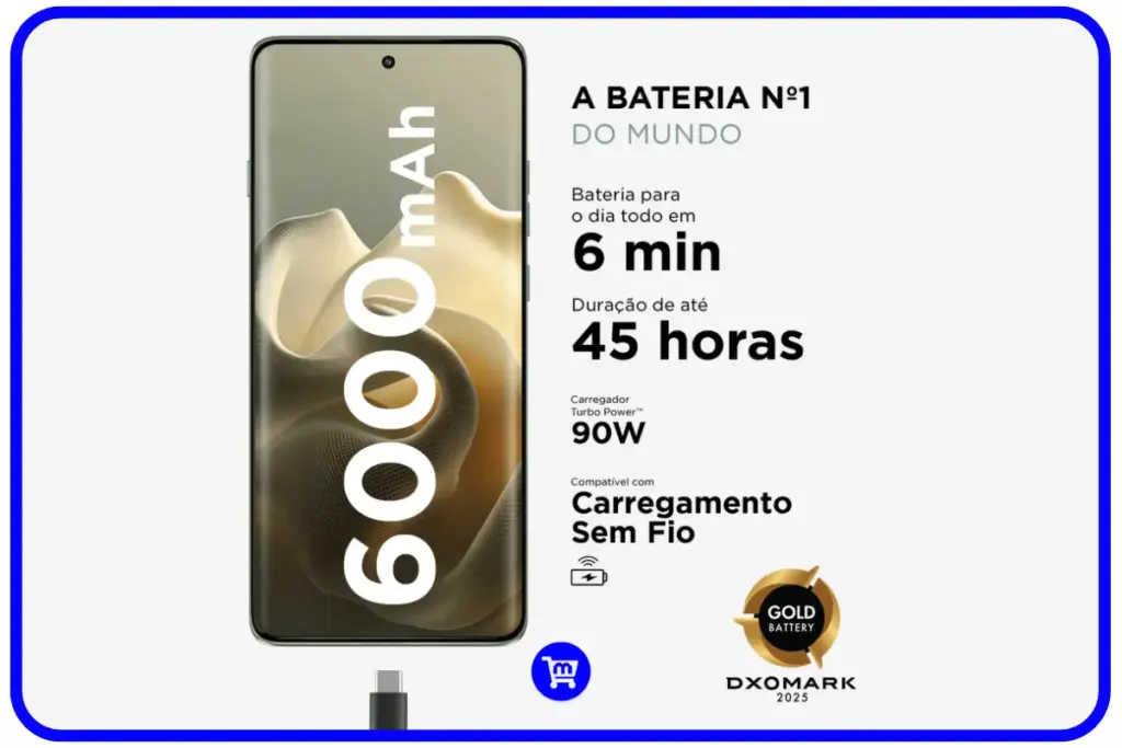 Motorola Edge 60 Pro bateria 6000mAh carregamento 90W tecnologia silício-carbono autonomia 45 horas DxOMark Gold Battery