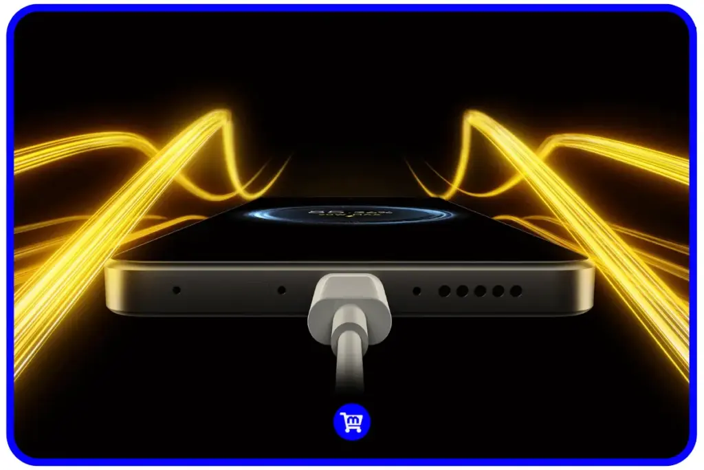 Smartphone POCO X7 Pro com cabo de carregamento conectado, mostrando efeitos visuais dourados que representam a tecnologia de carregamento rápido de 90W e bateria de 6.000 mAh