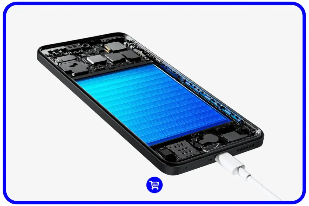 Texto alternativo: Smartphone Redmi Note 14 4G sendo carregado, mostrando componentes internos da bateria de 5.500 mAh com carregamento rápido de 33W