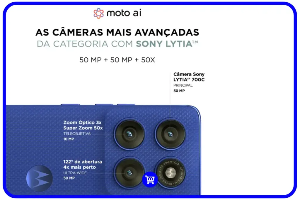 Sistema câmeras Motorola Edge 60 Pro triplo 50MP Sony LYTIA teleobjetiva zoom óptico 3x ultra-wide 50MP