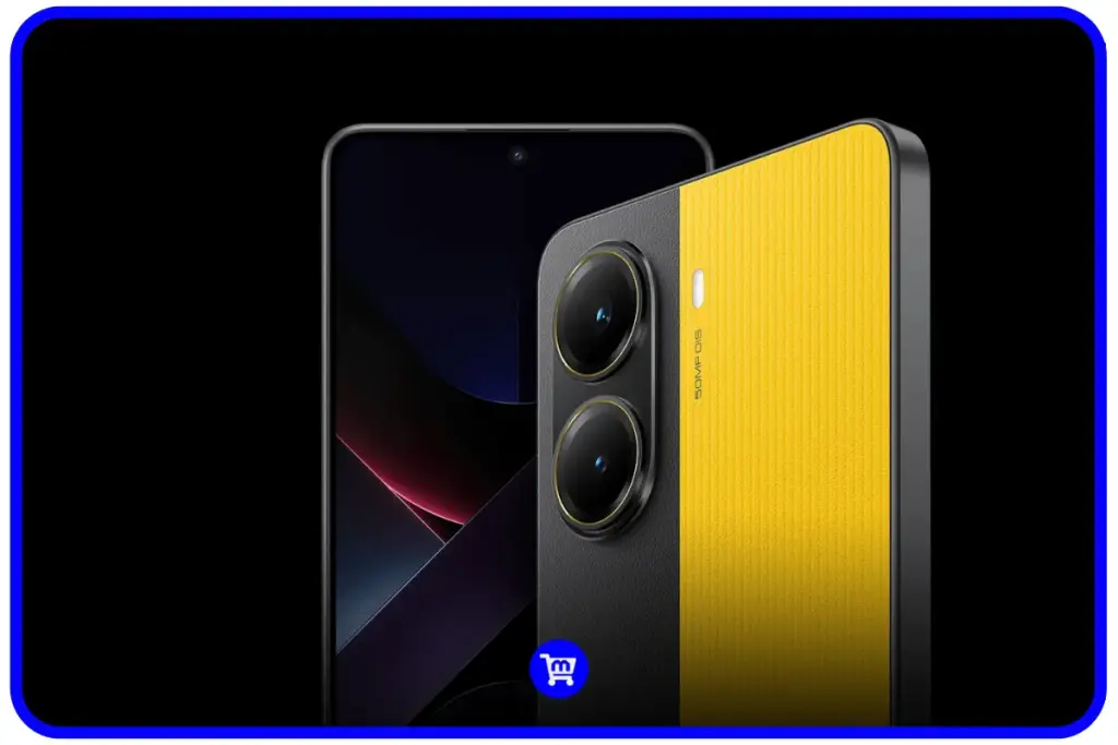 Smartphone POCO X7 Pro em cor amarela com acabamento texturizado, destacando o módulo de câmeras duplas traseiras com sensor principal de 50MP e ultra-wide de 8MP
