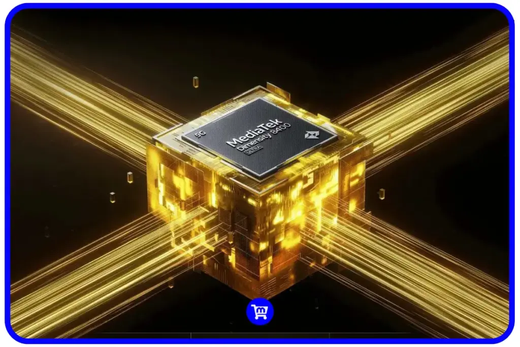Processador MediaTek Dimensity 8400 Ultra em representação 3D dourada com efeitos luminosos, mostrando a arquitetura do chipset de 4nm do POCO X7 Pro