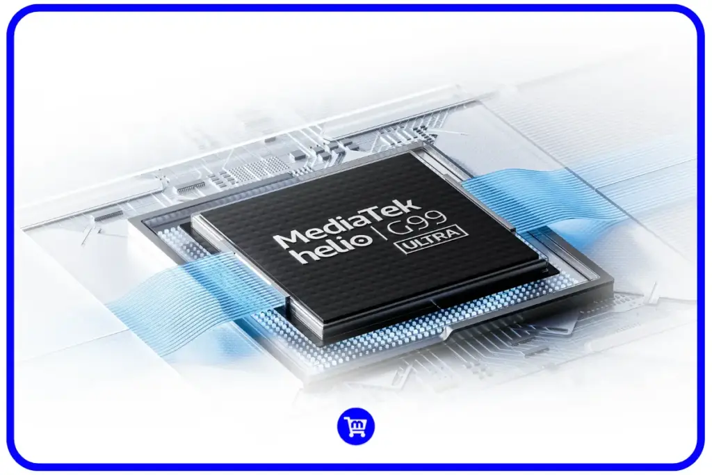 Texto alternativo: Chip MediaTek Helio G99-Ultra do Redmi Note 14 4G com detalhes técnicos da arquitetura octa-core