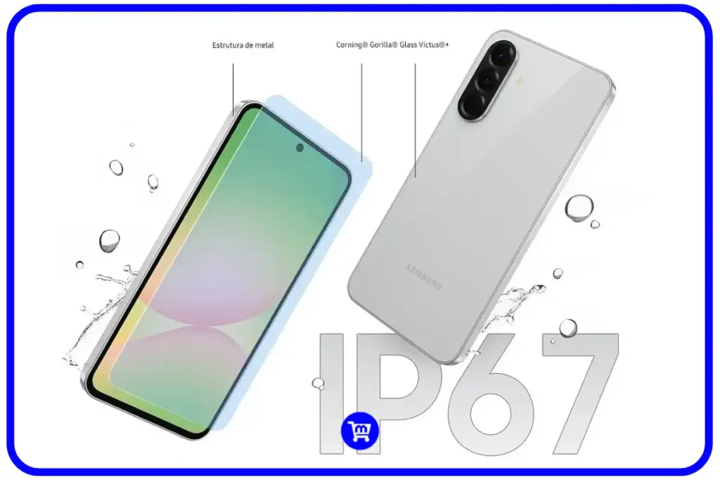 Galaxy A56 design premium com estrutura alumínio e vidro Gorilla Glass Victus proteção IP67