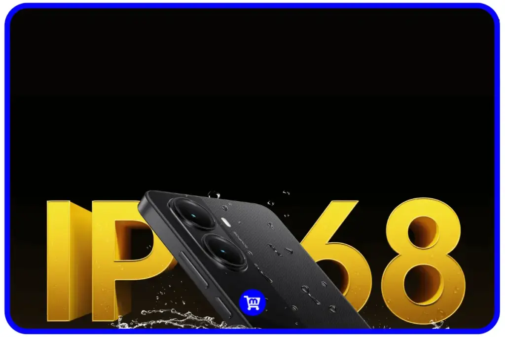 Smartphone POCO X7 Pro preto com proteção contra água sendo respingada, demonstrando a certificação IP68 de resistência à água e poeira