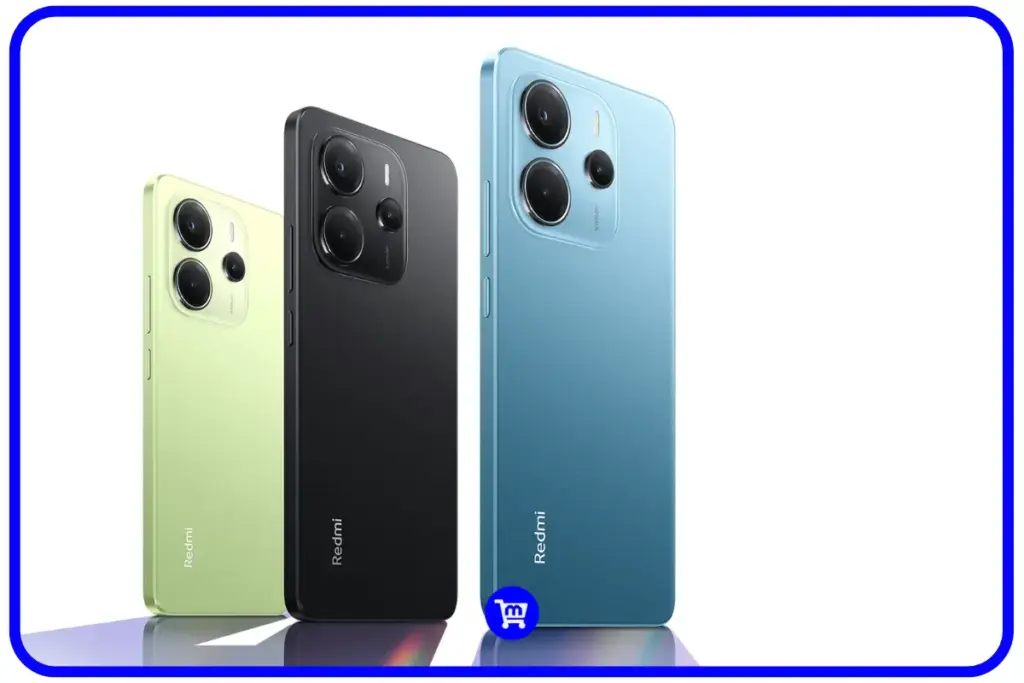 Texto alternativo: Três smartphones Redmi Note 14 4G nas cores verde lima, preto e azul, mostrando o design moderno e acabamento fosco