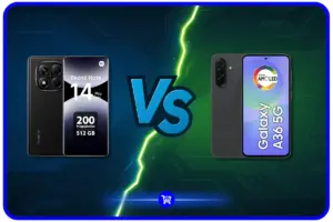 Redmi Note 14 Pro 5G VS Galaxy A36 - Comparação visual entre os dois smartphones intermediários mostrando o Redmi com câmera de 200MP e 512GB contra o Galaxy A36 5G em fundo azul e verde
