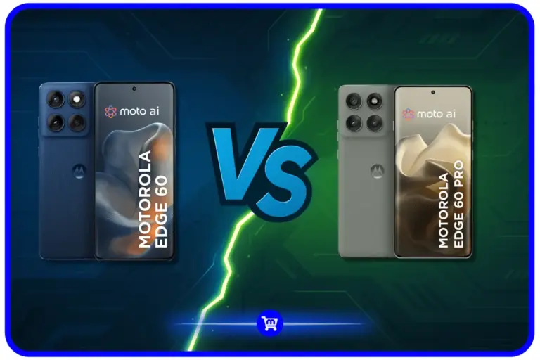 Edge 60 Pro VS Edge 60 comparativo mostrando Motorola Edge 60 azul à esquerda e Edge 60 Pro cinza à direita com raio central