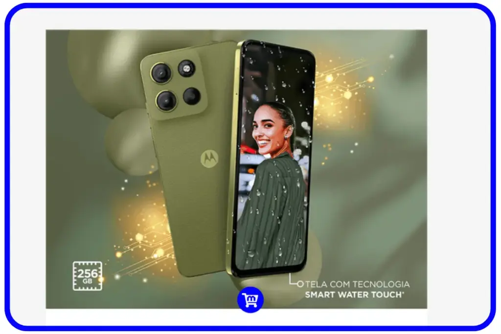 Moto G15 é bom? Análise Completa em 2025 7 Moto G15 verde com tela mostrando tecnologia Smart Water Touch e armazenamento 256GB