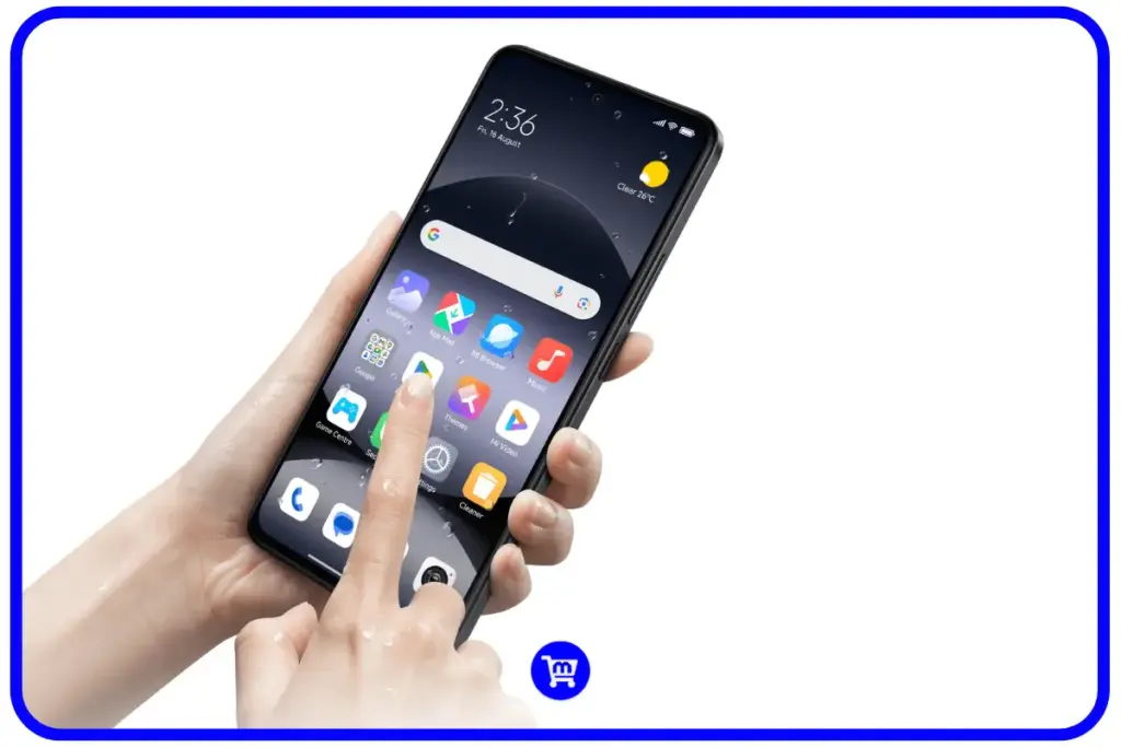 Texto alternativo: Smartphone Redmi Note 14 4G com tela ligada mostrando a interface do sistema HyperOS baseado em Android 14