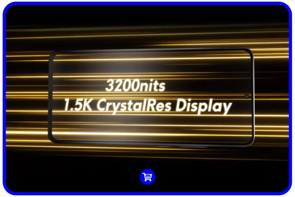 Tela do smartphone POCO X7 Pro mostrando as especificações "3200nits" e "1.5K CrystalRes Display" com efeitos visuais dourados representando o alto brilho