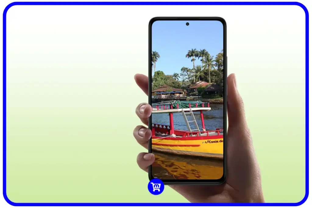 Texto alternativo: Smartphone Redmi Note 14 4G sendo usado para visualizar uma foto de paisagem tropical, destacando a qualidade da tela AMOLED