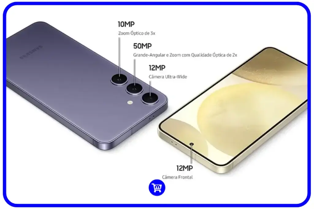 Sistema triplo de câmeras do Galaxy S24 Plus com sensor 50MP, ultrawide 12MP e teleobjetiva 10MP com zoom 3x