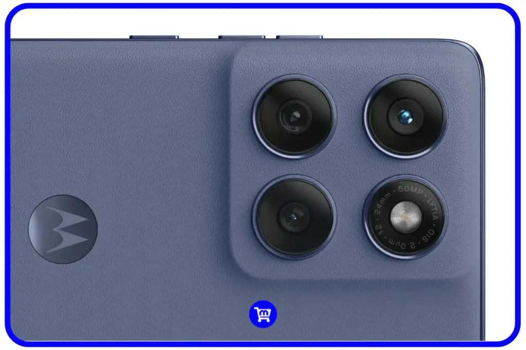 Sistema de câmeras traseiras do Motorola Edge 60 Fusion com sensor Sony IMX766 de 50MP e acabamento em couro ecológico azul